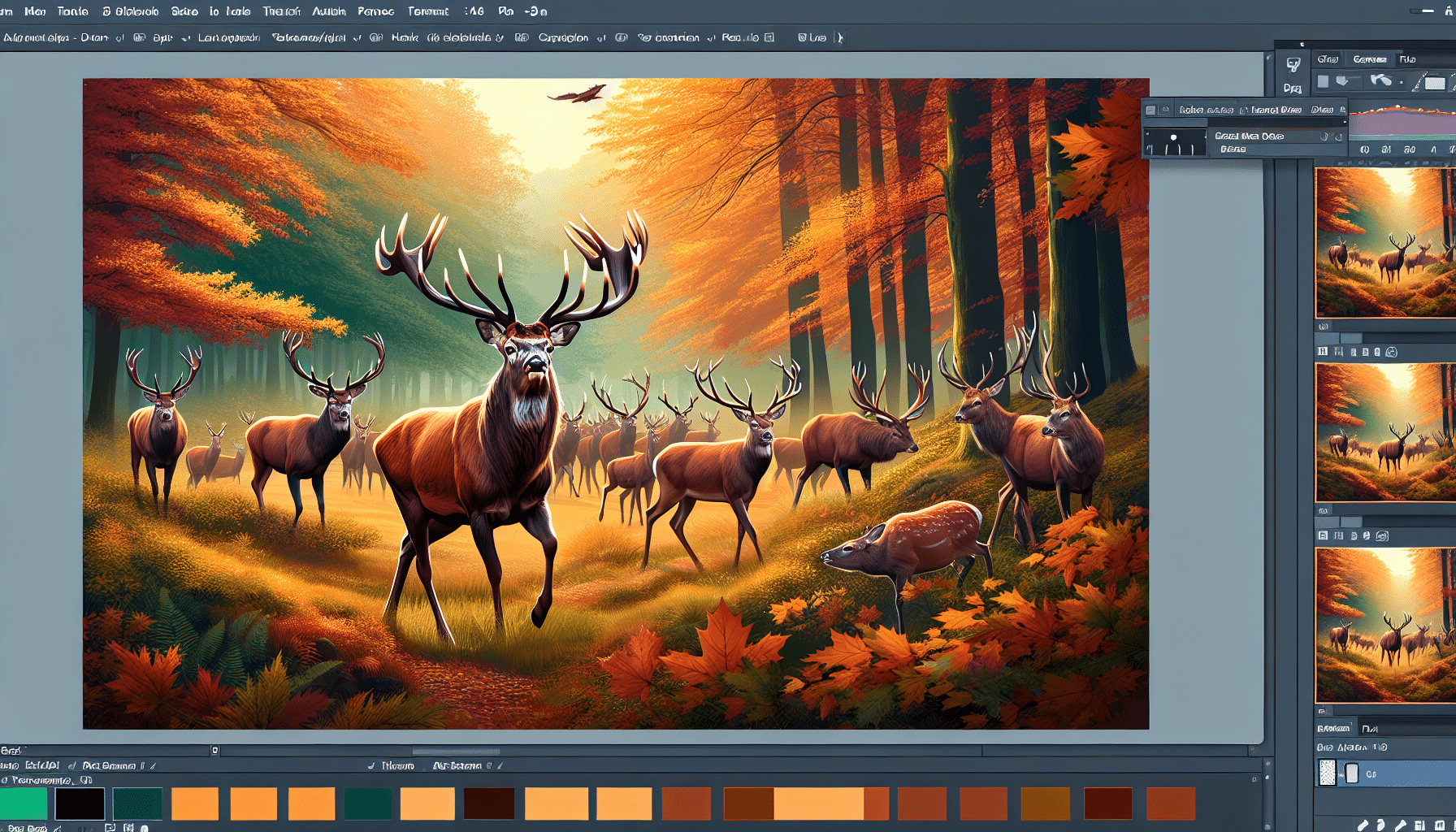 Illustrate a vivid autumn forest landscape featuring a herd of majestic deer moving about. Showcase a large male deer with robust antlers indicating the onset of the 'Pre-Rut' phase in their behavior pattern. Make sure the environment is indicative of the hunting season, with fallen leaves and a cool ambiance. Exclude any human presence, text, and brand logos in the scene, maintaining its natural beauty and dynamics.