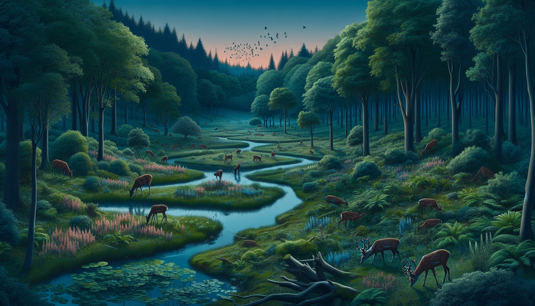 A serene forest landscape at dusk showing a vibrant ecosystem. A large herd of deer grazing peacefully near a meandering brook and a variety of flora in different stages of growth hint at the lushness of nature. The sheer number of deer gives a sense of overpopulation. Subtle indications of imbalance, like chewed bark and overgrazed areas, subtly point to the problems caused by excessive deer population. Aim for subtlety with these elements so as not to overshadow the scenic beauty.