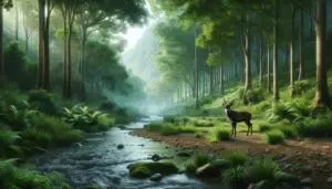 An image depicting a typical habitat of the Hog Deer. A lush, serene and untouched forest with a clear stream flowing gently. On the banks, the main focus is on a majestic hog deer, standing attentively. Its fur is a blend of brown, color that is strongly contrasted by the rich greens of the surrounding foliage. There is no human interaction, no text or brand logos in sight. Only the pure and serene environment that this beautiful creature calls home.