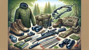 Illustration of an array of essential hunting equipment appropriate for the month of April. The collection includes items such as a camouflage jacket, waterproof boots, binoculars, a hunting knife with sheath, an outdoor multi-tool, arrows and a compound bow. All items are unbranded, devoid of any text, and exquisitely rendered to capture their purpose and design. The gear is showcased against a woodland backdrop indicative of the spring season, with fresh green foliage and a bright sky. The setting is devoid of any human presence, focusing entirely on the gear and its natural environment.