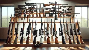 An assortment of various unbranded hunting rifles displayed neatly on a wooden rack in a bright, spacious environment. Each rifle varies in size, style, and color, some with scopes, and others with specialized hunting features. The rifles, seemingly clean and polished, gleam under the lights of the room. No people, no text, and no logos are present in this image, adhering to the request for neutrality and objectivity in viewing these hunting tools. The image has an overall sense of variety and choice, ideal for an article about top hunting rifles to buy.