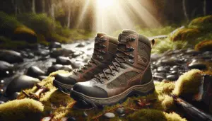 A pair of well-designed hunting boots are posed in rugged terrain. The boots, sturdy and promising comfort and protection, bear no distinguishing brand marks. They are colored in natural tones - shades of brown and green, reflecting the colors of the outdoors. The boots are surrounded by typical hunting scenery, maybe soft moss, fallen leaves, and pebbles. Rays of early morning sunlight filter through the image, suggesting the dawn of a new day and hinting at the month of April. It's a breathtaking layout that breathes life into the concept of hunting boots without requiring any text or human presence.