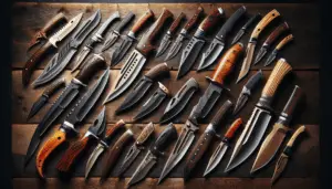 Representation of different styles of hunting knives spread out in an aesthetically pleasing manner. The assortment of sharp, polished blades vary in size, shape, and intricacy of design. Their handles, crafted from various materials including wood, bone, and synthetic materials, provide a wide spectrum of colors and textures. The scene is composed against a rustic wooden table background, subtly suggesting the wilderness setting usually associated with hunting. There are no human figures, text, brands or logos present in the image.