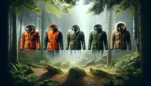 Imagine an array of four hunting jackets suspended in the air side by side, each uniquely designed for various weather conditions and hunting terrains. From left to right: the first jacket is waterproof, vibrant orange, tailored for rainy weather, with patches of camouflage. The second is a light, khaki, breathable fabric, ideal for warm climates, with wide, functional pockets. The third is a thick, insulated, forest green jacket, ready for winter hunts, with faux fur lining. The last is a sandy brown color, designed for desert hunting, with heat reflecting technology. There's a lush forest backdrop. No people, text or brands are included.