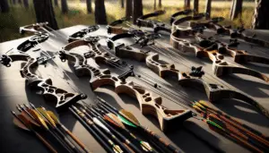 Numerous bows designed for hunting are elegantly displayed from different angles, demonstrating the outstanding craftsmanship. The bows vary in design, size, and color, some with a traditional look carved from wood, and others more modern, made from composite materials. Arrows with varied fletching designs rest next to them. No brand names, logos, or people are present in the image. The setting is an outdoors environment, specifically a forest, accentuating different possible hunting terrains. Medium morning sunlight filters through the trees, casting interesting shadows that highlight the characteristics of the bows.