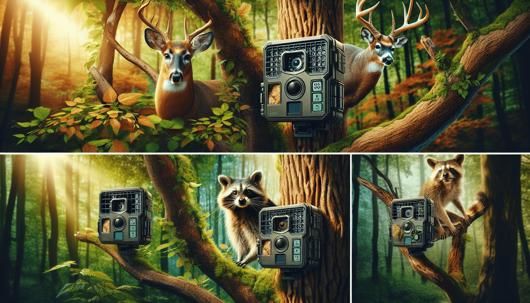 Picture a trio of trail cameras perched on tree branches in the wilderness. Each trail camera is different, displaying an array of useful features such as powerful flashlight, large lenses, and sturdy construction. They are cleverly tucked away, blending seamlessly with their natural surroundings of vibrant foliage and rugged bark. Different wildlife, including a deer, a raccoon, and a bird, are captured in the field of vision of these cameras. These creatures seem undisturbed and semi-transparent time and date stamps on each image indicate it's April of 2024. Please note, the image should be free of text, people, brand names or logos.