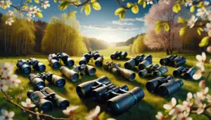 An array of various types of binoculars set against a springtime landscape. Each pair of binoculars distinct in design, capturing both compact and full-size models. Ensure all binoculars have a robust, outdoorsy aesthetic, suitable for hunting, with elements of camouflage or earth tones. The backdrop depicts a forest in early bloom, hinting at the month of April, with vibrant green leaves budding on trees and a clear blue sky above. The sun shines brightly, casting soft shadows. Remember, the image must be devoid of any text, brand names, logos, and people.
