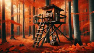 Imagine an elevated hunter's perch known as a deer stand situated in the midst of a dense forest during autumn. Its intricate woodwork stands highlighted against the flaming colors of the leaves fall around it. Note the stand's design - accessible via a ladder, with a flat platform for the hunter to sit or stand, surrounded by a simple railing for safety. Picture an inviting chair in this secluded spot, along with hunting equipment like a pair of binoculars and an unbranded camouflage bag. Please ensure no humans, no brand names, logos, or text appear in the image.
