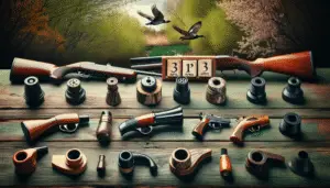 Visual representation of various types of hunting calls, all anonymous and generic, without any labels or text. Arrange them aesthetically on a rustic wooden table with a backdrop of lush spring foliage, symbolizing the month of April. No identifiable brands or logos should be present, and there should be no human figures in the frame. The hunting calls could include duck, deer, turkey, and elk calls.
