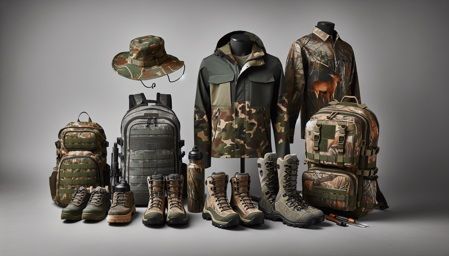 A variety of top-notch camouflage gear set against a neutral background. Include items such as a camouflaged jacket and pants made from durable, weather-resistant fabric, a wide-brimmed camouflage hat, a pair of hunting boots with woodland print, a camouflaged backpack with multiple compartments, and a camouflage-patterned water bottle. All items should be devoid of any brand names or logos to ensure neutrality. The array of items conveys the notion of readiness for outdoor exploration or a hunting expedition. The overall look is modern, practical, and designed for utility.