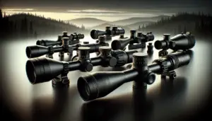 An array of hunting scopes meticulously arranged. Each one has a distinct design showcasing varying magnifications, reticle patterns, and body shapes that caters to hunters. One scope is noticeably bigger and farther advanced, indicative of its state-of-the-art features but bears no brand or logos. The background subtly suggests an outdoor setting, composed of gentle, forested hills under a clear, dusky sky, reflecting the natural habitat where these gears are customarily used. No people are shown in this scene to emphasize the focus on the scopes.