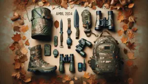 Create an image showcasing April 2024's must-have hunting accessories. The image features a variety of hunting related equipment such as a camouflage tent, binoculars, hunting knife, a water-resistant backpack, and GPS tracker. Each item is carefully laid out on an earthy backdrop of fallen autumn leaves to imply the outdoor environment. Ensure that the designs of each item are generic with no visible brand logos, names, or texts, and focus on their practical design and functionality. There are no humans or animals present in this image.