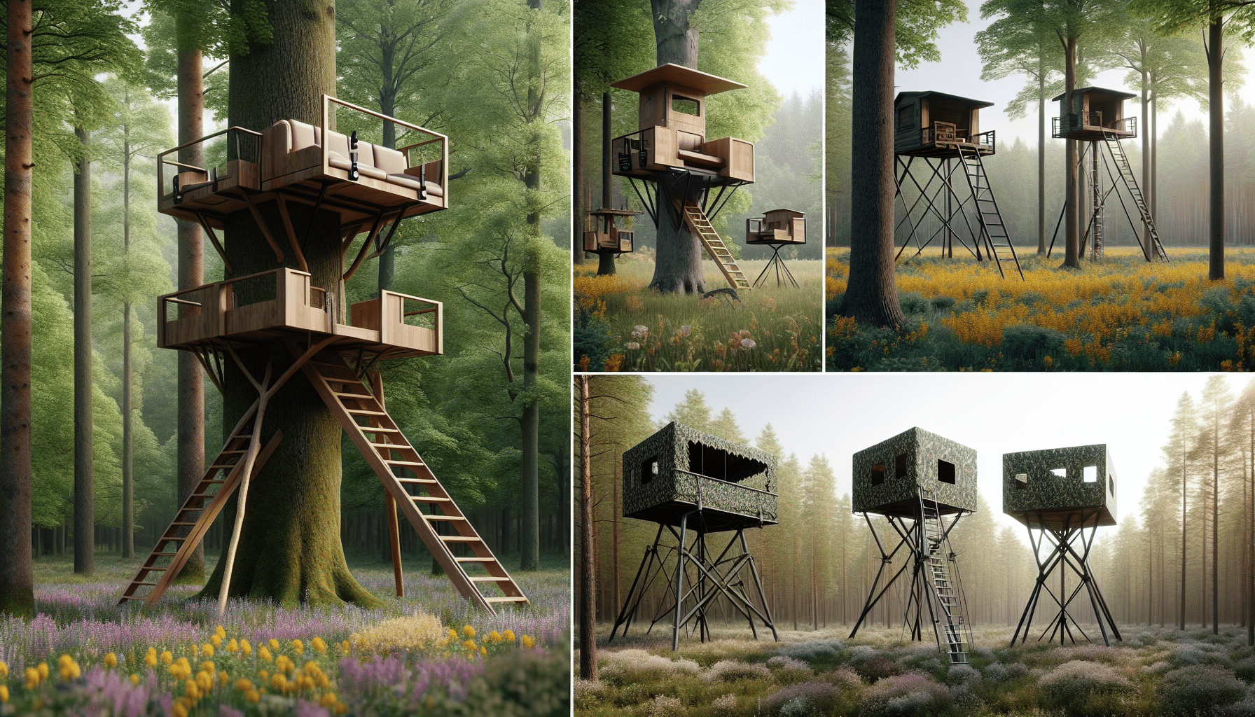 A display of several deer stands in a beautiful forest setting during the month of April. In the foreground, showcase a stand manufactured from sturdy wood, elevated and designed for one person, offering a comfortable seat with safety harness. It overlooks the patch of wildflowers. Another deer stand in the background is an elaborate treehouse-style stand with a stairway leading up into it. It's nestled in the lush foliage of a towering tree, displaying its enhanced vantage point. The third stand, to the right, is a minimalist design made from metal, structured with sleek lines it blends subtly into the surroundings. The fourth stand, hidden amidst the forest, is a camouflage tent-style stand. All stands are devoid of persons, text, logos or brand names.