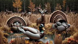 A display of different types of hunting decoys. The center of the image is dominated by a glossy, lifelike duck decoy bobbing on a small body of water, itself surrounded by reeds and cattails. To the left, an imposing turkey decoy with a full, colorful fan of tail-feathers is grounded in a forest clearing carpeted with autumn leaves. On the right, a rugged deer decoy with a full rack of antlers occupies a realm of tall grasses and pines. The decoys are impressively realistic, showcasing intricate details and coloring. All of them are void of any brand names or logos, and there are no human figures or texts visible in the scene.