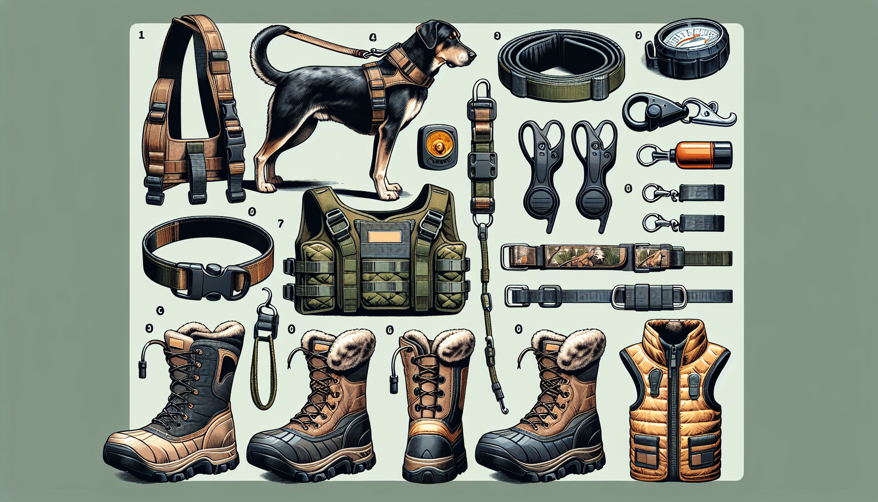 Generate an image showcasing a variety of unidentified hunting dog equipment suitable for the month of April. The image should feature items such as a sturdy leash, a high-quality harness, durable dog boots for rough terrains, lightweight vests for protection and warmth, and training whistles. There should also be a safety reflector and water-resistant items considering the month's weather conditions. Importantly, the image should not contain any humans or text, be it on the items or elsewhere, and no brand names or logos should be visible.