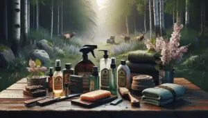 A visually engaging still-life of several unbranded scent blocking products from an array of categories in a setting that suggests their outdoor use. The image should include items like a spray bottle filled with a liquid scent blocker, a soap bar for washing before hunting, a roll-on stick, and clothing detergent. All items rest on a rustic wooden table set against the backdrop of a dense forest during the month of April, showcasing blooming flowers and lush greenery. Furthermore, the scene is lit with soft morning light to invoke a peaceful atmosphere. Remember, no people, text, brand names or logos should be visible in the image.