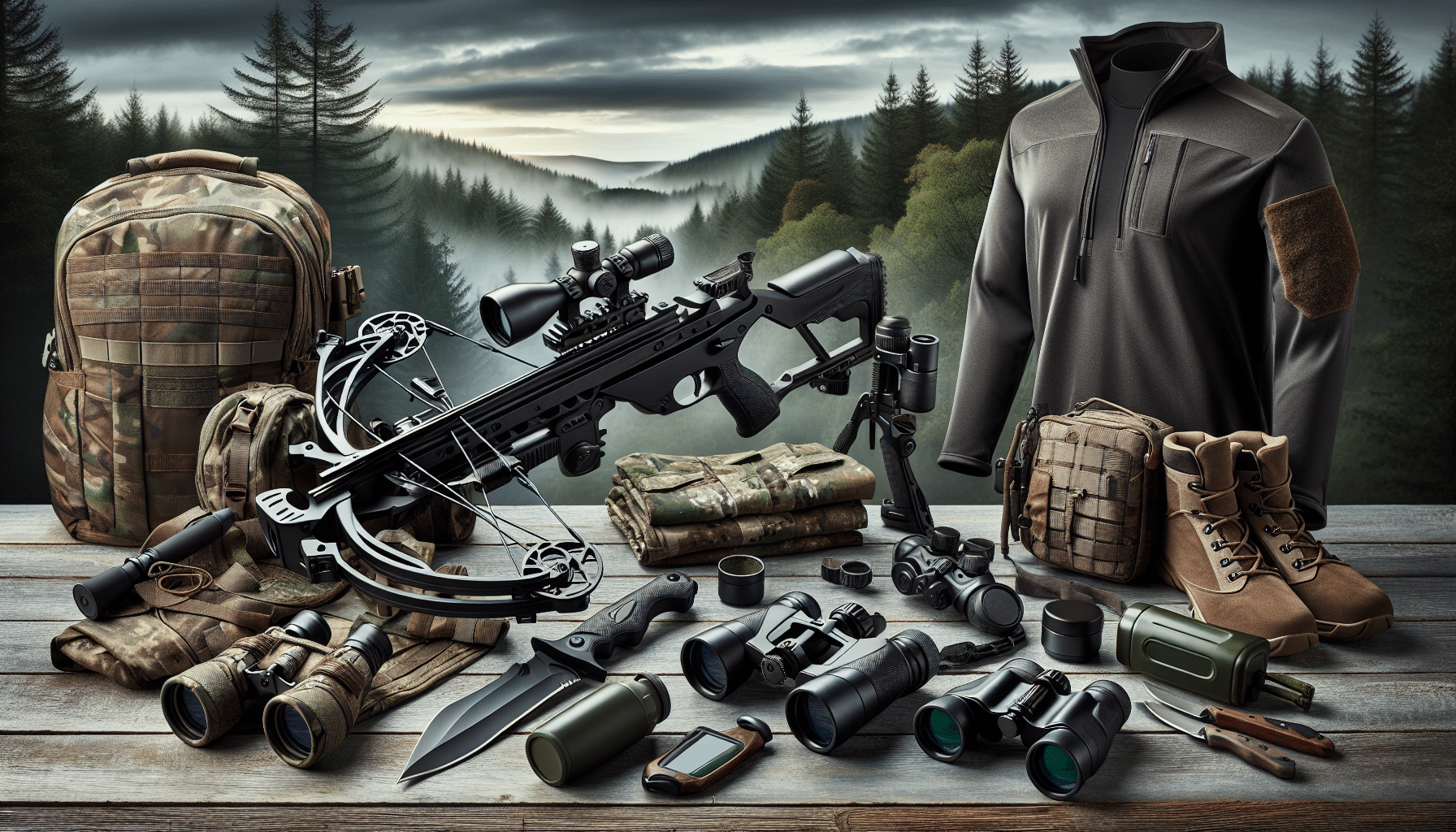 A showcase of tactical hunting gear without any specific brand names or logos. The image features a variety of items essential for hunting such as a sleek, matte black crossbow, high-quality camouflage clothing neatly arranged, binoculars with ergonomic design, a sturdy hunting knife with a non-reflective blade, and a set of practical camping equipment like lightweight tents, compact cooking gear, and portable water filtration systems. In the background, a serene forest scenery provides context to the hunting gear. Note: No people or text are included in this image.