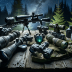 A variety of advanced night vision equipment suitable for hunting in a forest setting under the starlight.