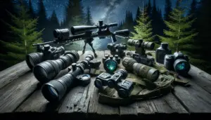 An image showcasing a variety of advanced night vision equipment suitable for hunting in a forest setting under the starlight. Include a night vision binocular, a scope attached to a generic hunting rifle, a head-mounted monocular night vision device, an infrared flashlight, and a thermal imaging camera. None of these items have any brand names, logos, or text on them. All of these items are laid out on a rustic wooden table in the forest. It's a clear spring night and the starry sky is visible in the backdrop. Make sure no people are depicted in this image.