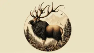 Create an image of an Anhui Musk Deer. The setting should be traditional to the Musk Deer's natural habitat - dense mountainous forest. The musk deer itself should be a central figure, portrayed in its typical posture, with its characteristic small stature, backward-curving tusks and large mule-like ears. Make sure the fur is properly depicted with its inherent variations in color from yellow-brown to dark brown. No text, people, or brands should be included in the image. The image should purely capture the essence of the musk deer in its natural surroundings.