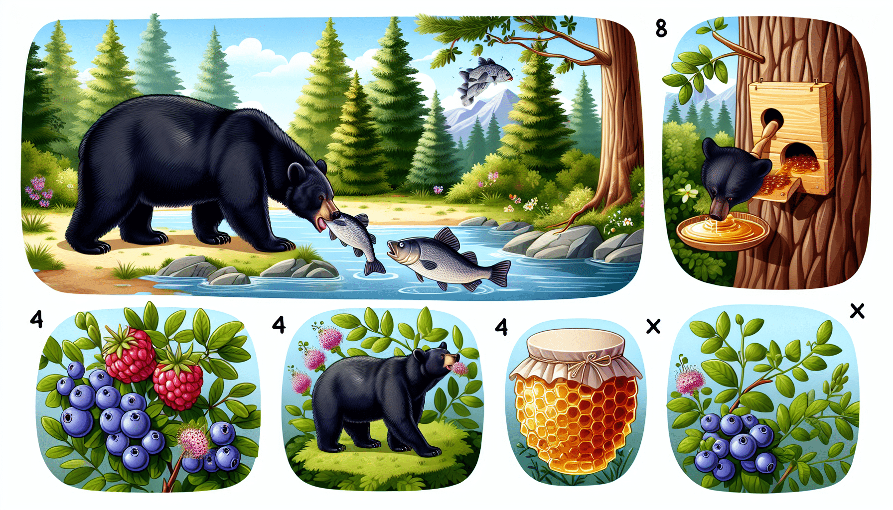 A woodland scene showcasing various types of food that black bears typically eat. In one area of the scene, depict a black bear near a river, catching a fish with its mouth. Nearby, show a blueberry bush with ripe berries that the bear could also eat. In another part of the scene, separate from the other bear, show a different black bear smelling a honeycomb from a beehive located in a tree. The overall scene should not include any text or people, and should portray only the black bears and their natural habitats with typical food sources.