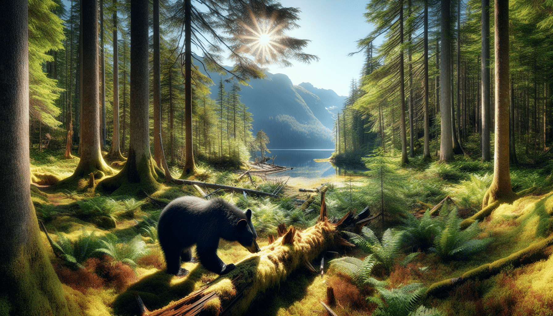 A deep forest scene under a bright afternoon sun. There are towering pine trees with dense, green needles. The forest floor is carpeted with ferns and moss and spotted with dappled sunlight. In the heart of the picture, a black bear, glossy with powerful limbs, is visible. The bear is foraging, poking at a fallen, rotting log with its snout. In the distance, you can see a tranquil lake, reflecting the surrounding scenery. Mountains, covered in more dense woodland, form a majestic backdrop. You can't see any human, brand name, or text in this tranquil natural setting.