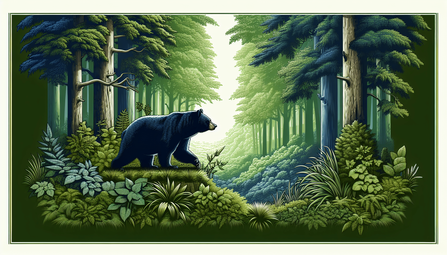 A detailed image depicting a lush forest environment with a magnificent black bear at its center. The bear should appear healthy and serene, symbolizing longevity, as it strides through the undergrowth, lush green foliage and tall trees surrounding it. Please ensure no human figures, text, brand names, or logos are present within the scene.