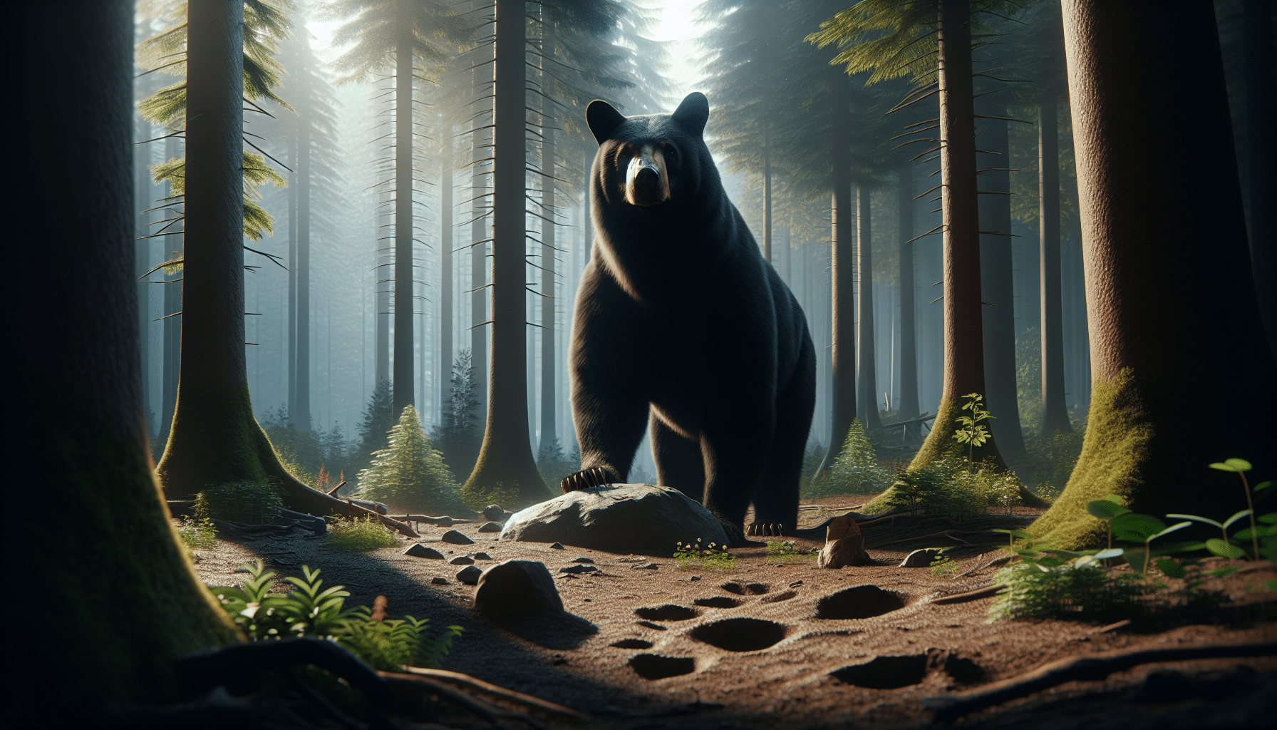 Cinematic visualization of a mature black bear in its natural forest habitat. The bear stands on its hind legs to its full height, displaying its bulk and size against a backdrop of towering trees. Sunlight filters through the canopy, casting a dappled light on the bear's black coat and the surrounding flora. A small stone sits in front of the bear, giving a concrete comparison of the bear's size. A few footprints are visible in the loamy soil, hinting at the weight of the creature that made them. All elements should be depicted realistically and with no indication of text or branding.