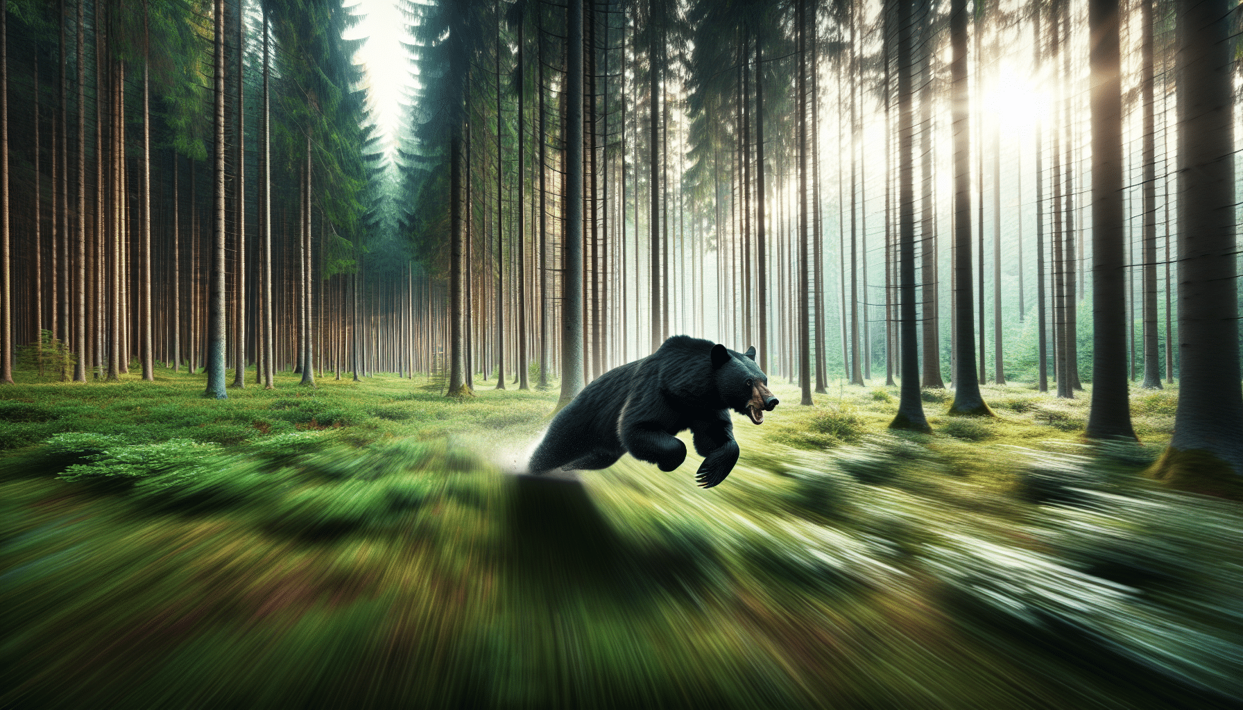 A view of a forest with tall coniferous trees emerging from the lush green undergrowth. In the center, a Black Bear is in full sprint, demonstrating its speed. The bear's powerful muscles are visible as it propels itself forward, and there's a blur in the background to illustrate its rapid movement. There are no people, brand names, logos, or text in this scene.