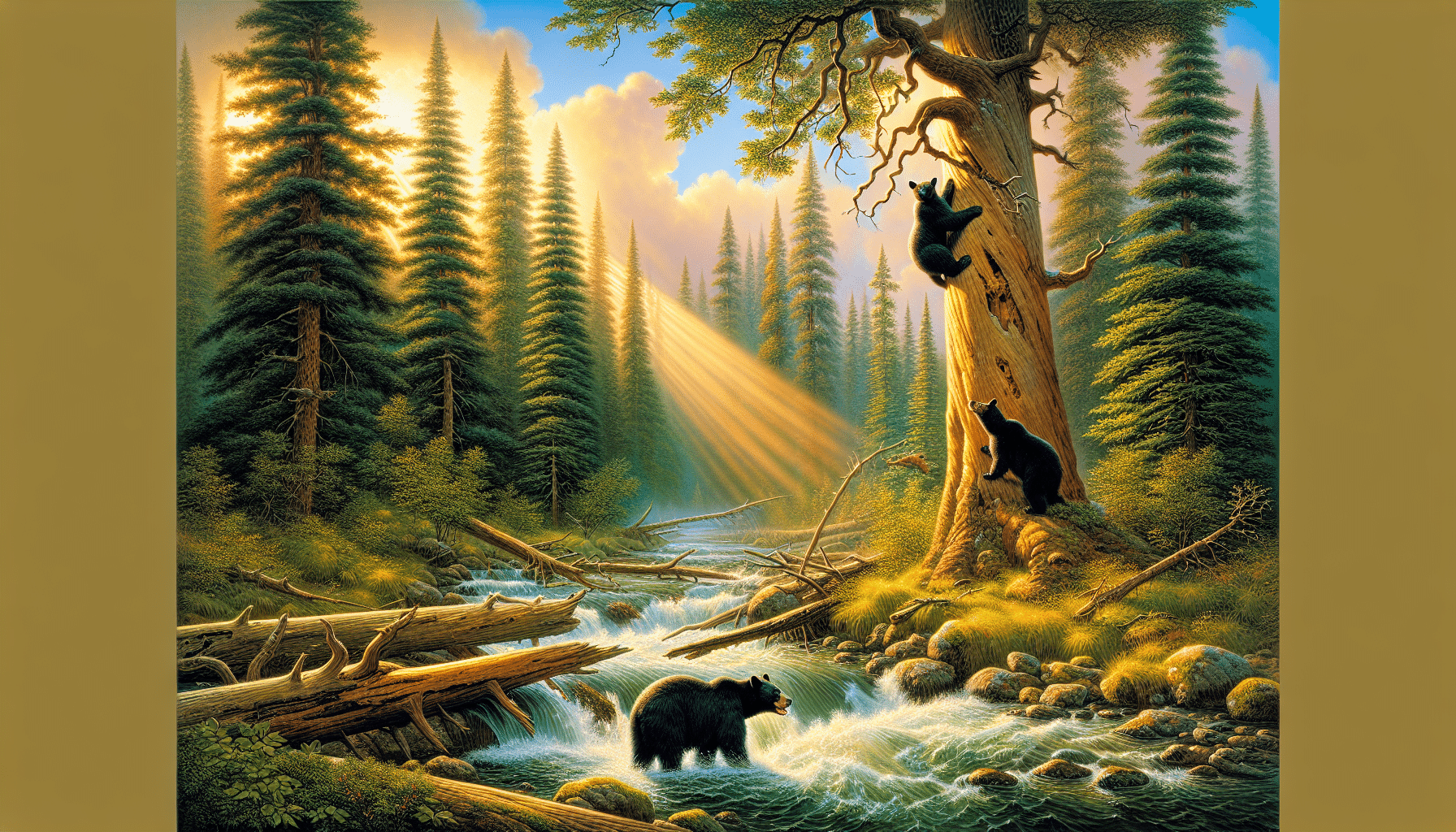 A serene forest scene depicting the activity of black bears. In the foreground, one black bear is seen hunting for fish in a rushing river while another is climbing up a tall, old tree. To portray the time, the environment is drenched in golden sunlight, indicating late afternoon when black bears are most active. The landscape should be rich with luscious green foliage and towering trees, while the sky is adorned with wispy clouds. The image should be completely devoid of human elements or any textual content.