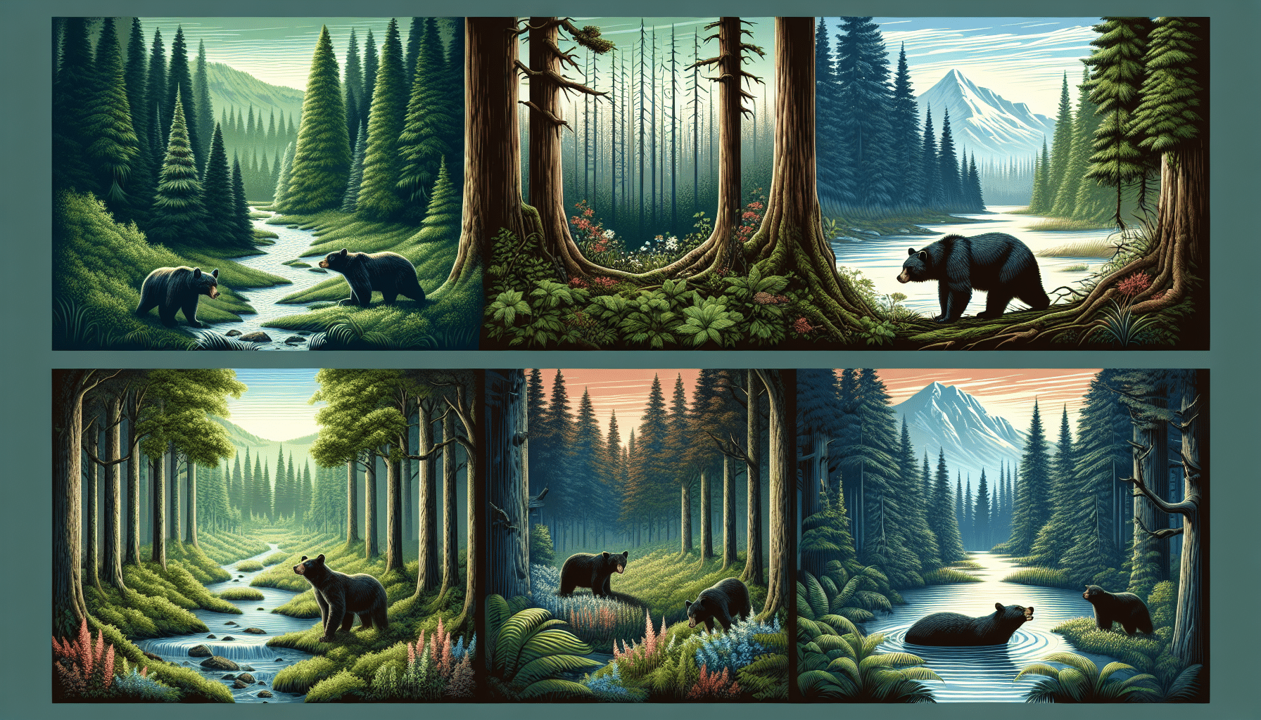 An illustration of a stunning forest landscape across different continents where black bears are typically found. The first scene depicts the lush green woods of North America with tall, ancient trees and a winding river, while the second presents the diverse flora of Asian temperate forests. Each forest's ambiance is captured appropriately considering the weather conditions and time of the day. Within each landscape, a black bear is subtly present, going about its typical activities - foraging, fishing or simply lounging under a tree.