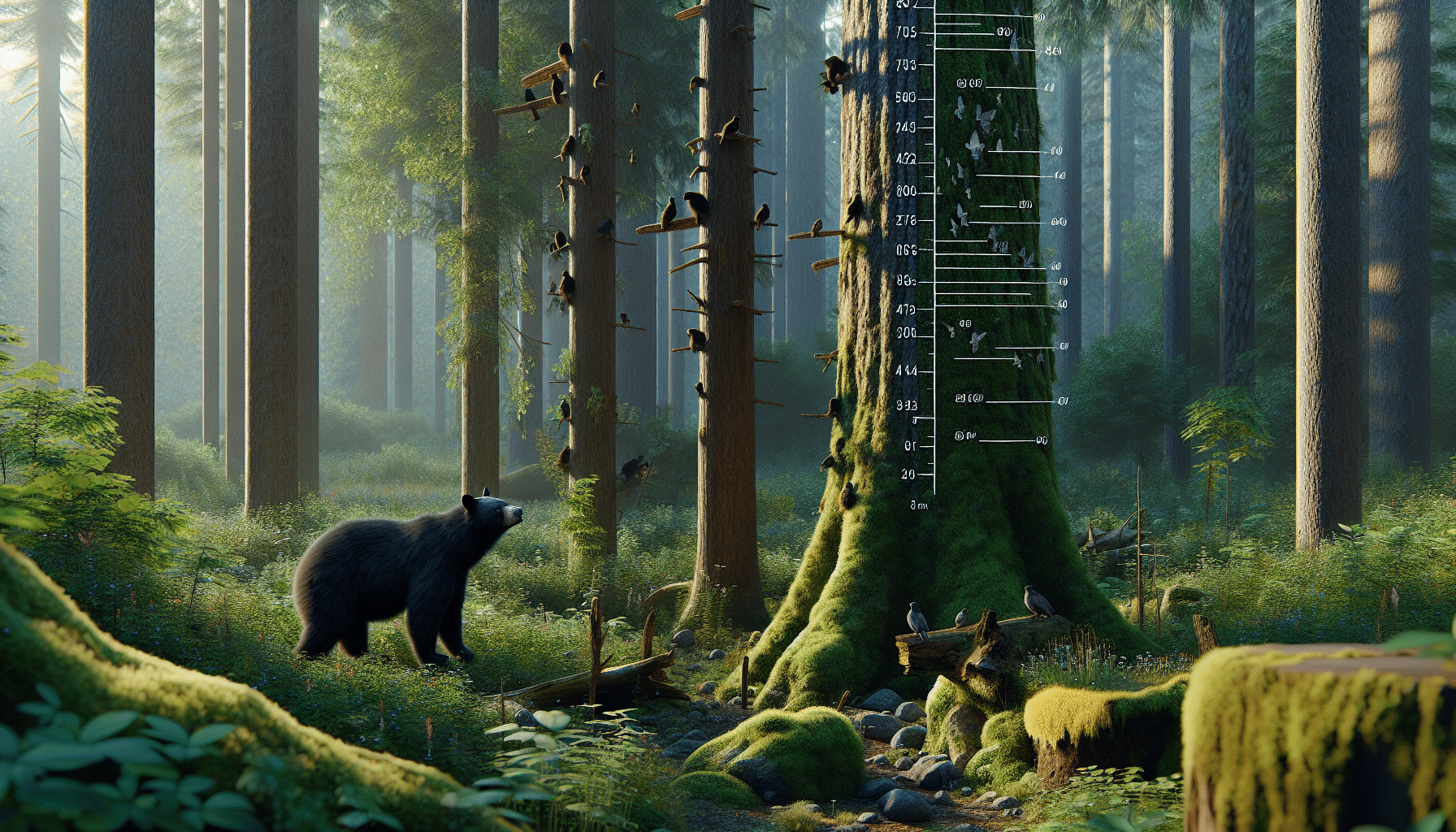 A realistic scene of a forest, wherein a black bear stands on its hind legs next to a tall tree. The tree is marked with certain visual indicators to provide context for comparing the bear's height such as small birds perched at different heights or peculiarly shaped branches. The environment is full of various plants and moss-covered rocks, hinting at their natural habitat. The time of day is late afternoon, with sunlight streaming through the canopy of leaves, casting dappled light on the bear and the surroundings. There are no humans, text, brands or logos present anywhere in the scene.