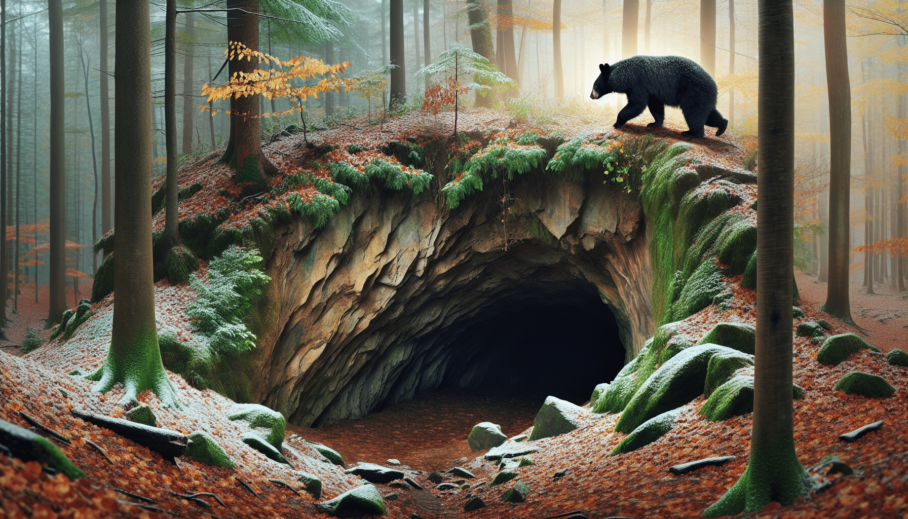 An image showcasing the hibernation process of black bears. Picture a serene forest environment with a black bear entering a large, concealed cave signifying the onset of its winter hibernation. The cave is inconspicuous, naturally formed among the dense forest terrain. Please represent autumn transitioning into winter, with leaves changing colors and snow lightly dusting the forest ground. The black bear is the focal point, carefully maneuvering the terrain towards the cave. Ensure the image is void of any people, text, brands, or logos.