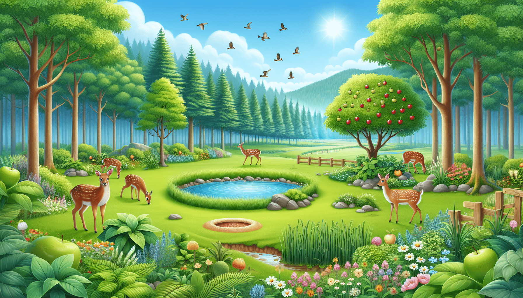 A soothing scenery perfect for attracting deer, with a lush green meadow at the heart of a forest under a clear, sunny sky. Several deer eating plants are present as well as a small body of fresh water, surrounded by wildflowers. A disguised salt lick has been placed underground, barely noticeable. Various fruit trees abound like apple, pear, and cherry. No sign of human presence, no text, no brand names, and no people are visible within the scene.