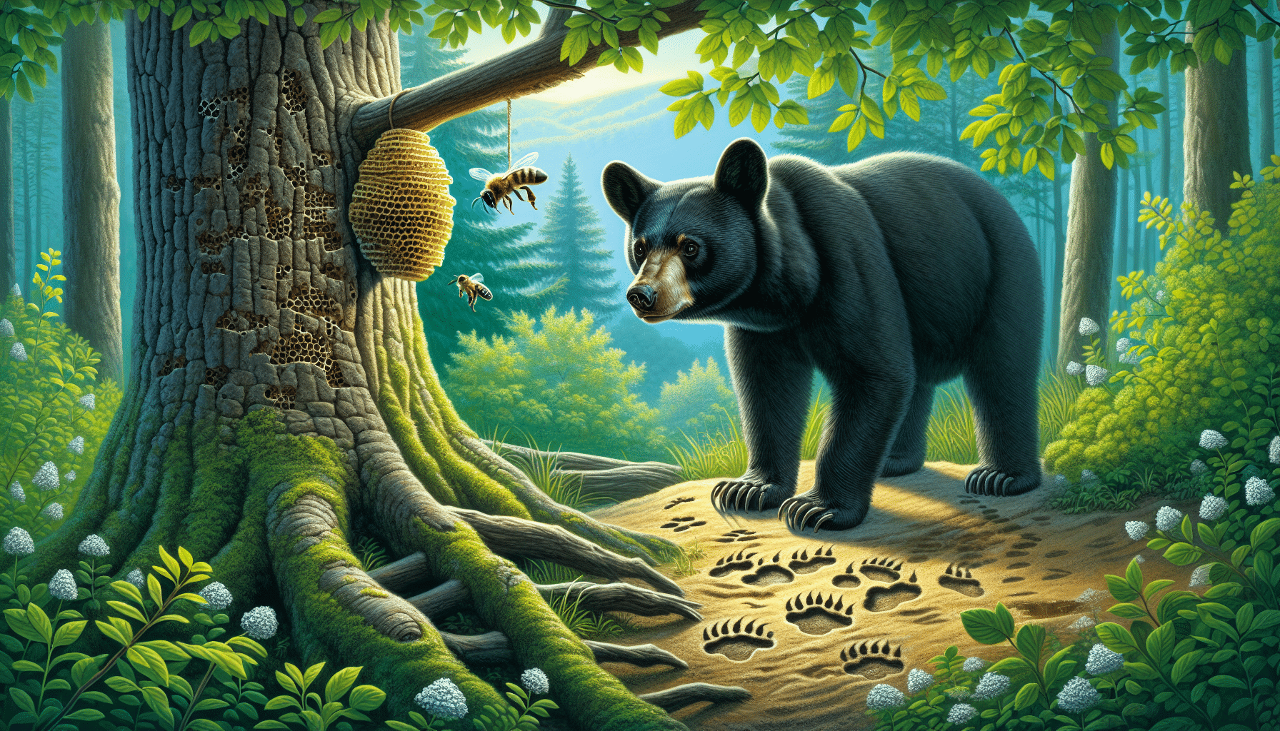 An image depicting a black bear in its natural habitat. The bear is curiously investigating a beehive hanging from a tree, showing its natural instincts. Nearby, visible in the lush green environment are evidence of its presence, such as pawprints in the soft ground and scratched tree barks. The bear, though represented inquisitively, should also reflect a degree of strength and wildness to subtly convey the potential danger of these creatures. Remember to avoid including any text, brand names, logos, or humans in the image.