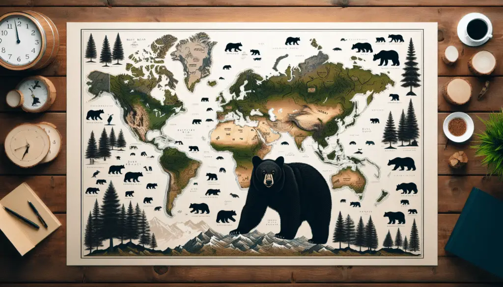 An illustration demonstrating the global distribution of black bears. The image can show various geographical regions where black bears are known to inhabit, indicated by miniature black bear symbols. The setting can encompass various landscapes such as forests, mountains, and coasts to represent regions. Ensure that the image is devoid of any human presence, text or brand names. The artwork should capture the essence of black bear habitats and biomes.