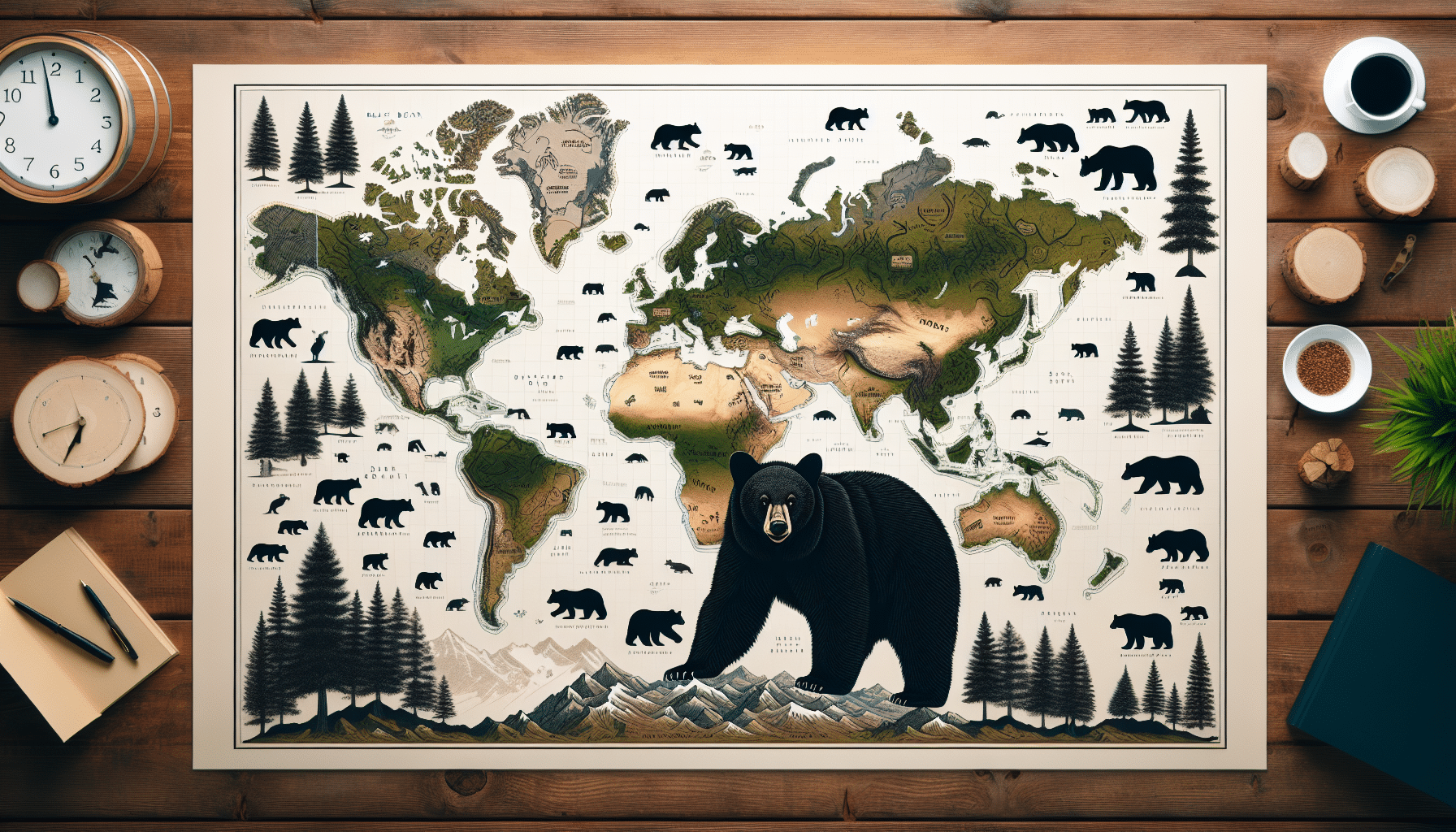 An illustration demonstrating the global distribution of black bears. The image can show various geographical regions where black bears are known to inhabit, indicated by miniature black bear symbols. The setting can encompass various landscapes such as forests, mountains, and coasts to represent regions. Ensure that the image is devoid of any human presence, text or brand names. The artwork should capture the essence of black bear habitats and biomes.