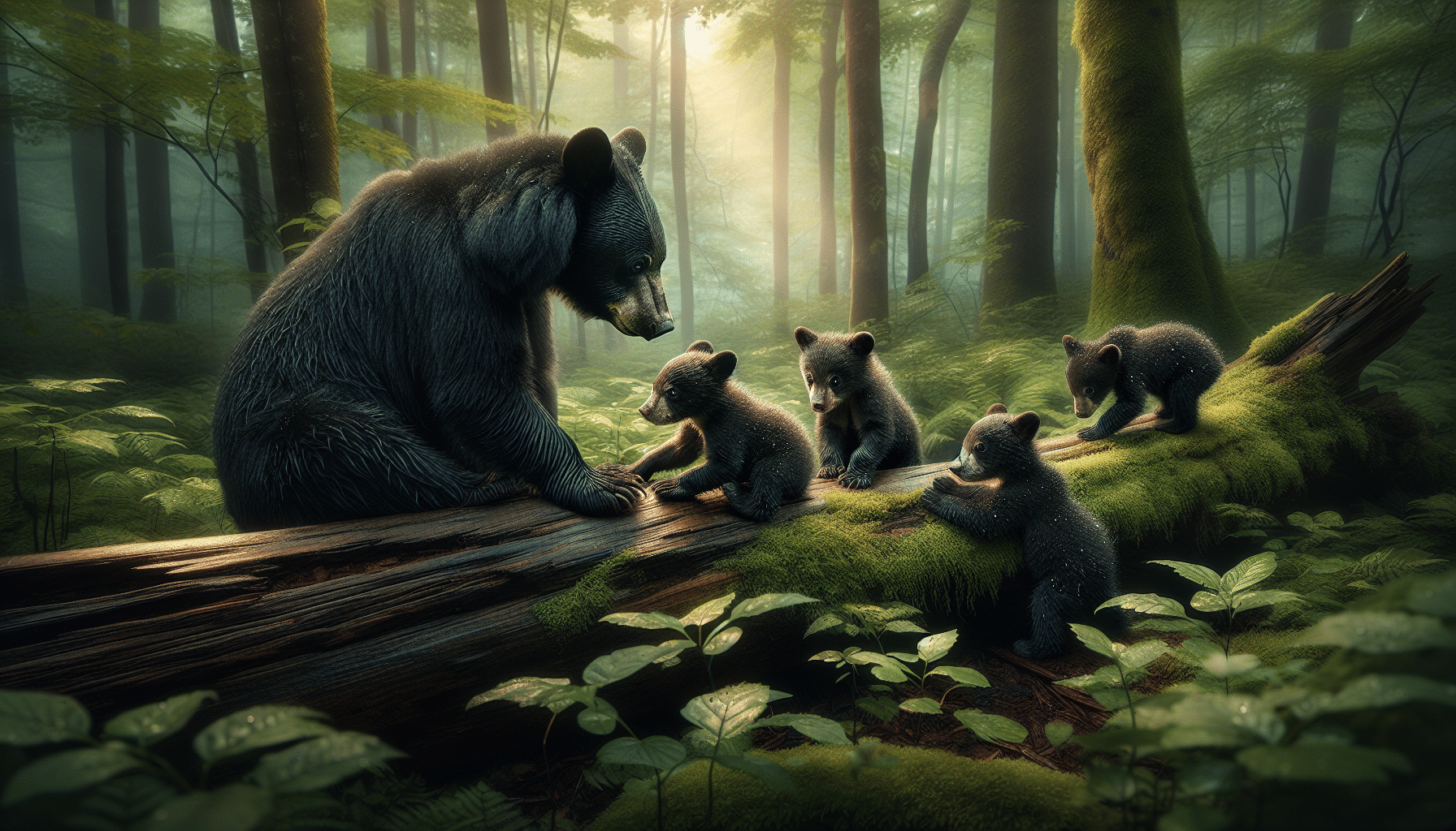 A scene in a dense forest with a mother black bear tenderly observing her three cubs, placing one in a playful moment between her forepaws. The cubs, with their shiny black fur and innocent eyes, are variously exploring around, one playfully leaping over a fallen tree trunk, and another curiously sniffing at leaves. The lush greenery of the forest and the soft light filtering through the leaves above envelops them in an aura of serenity and protection. There are no human elements, text or logos included in the scene.