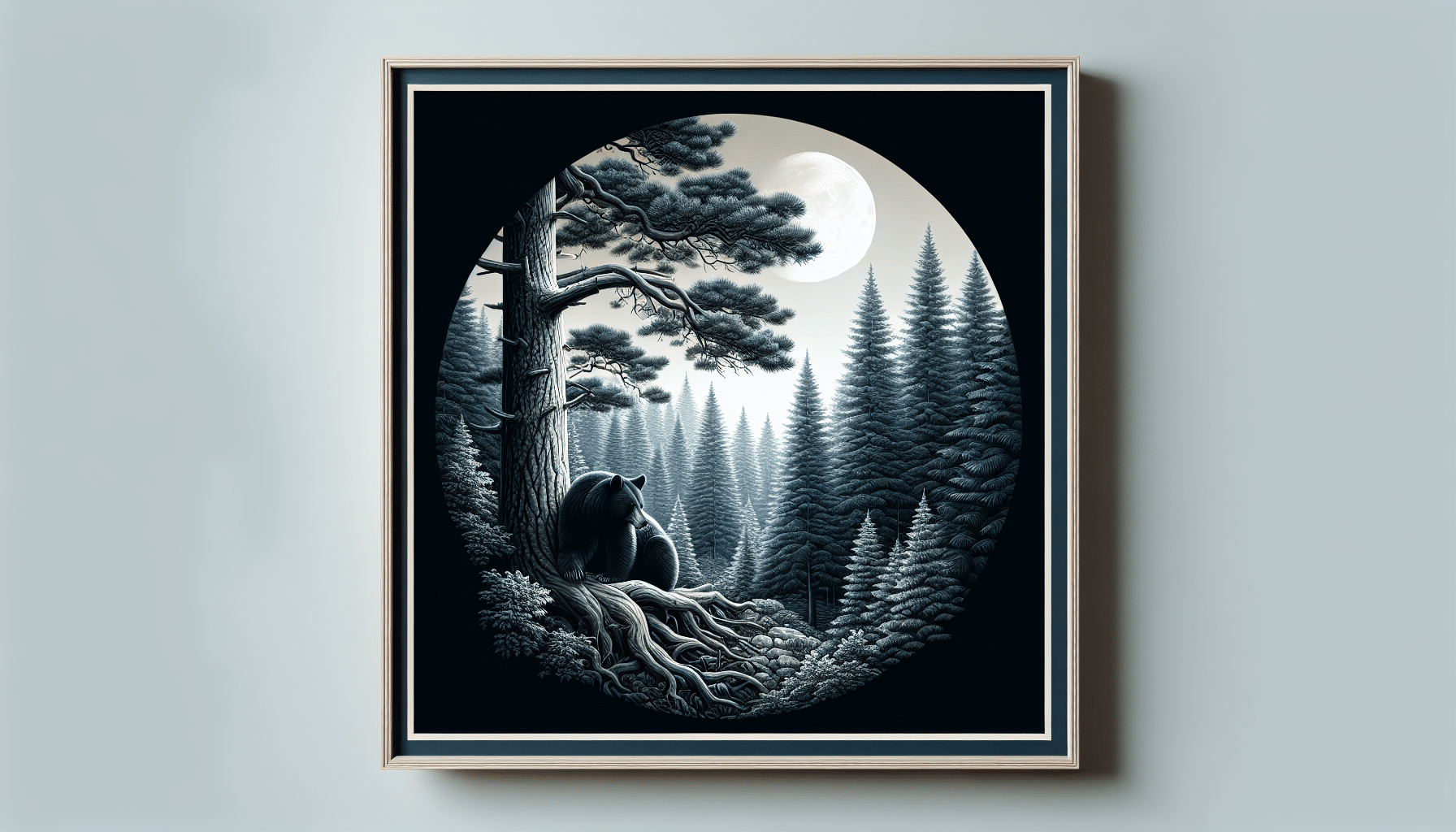 An exquisite depiction of a black bear's natural habitat during the night. The scene captures the dense wilderness with towering pine trees and a full moon illuminating the sky. Hidden amongst the branches of a sturdy tree is a black bear, nestled comfortably in its arboreal sanctuary. The serene image reveals the calmness of a forest at night, bathed in the soft glow of moonlight, devoid of any human presence, text, brand names, or logos.