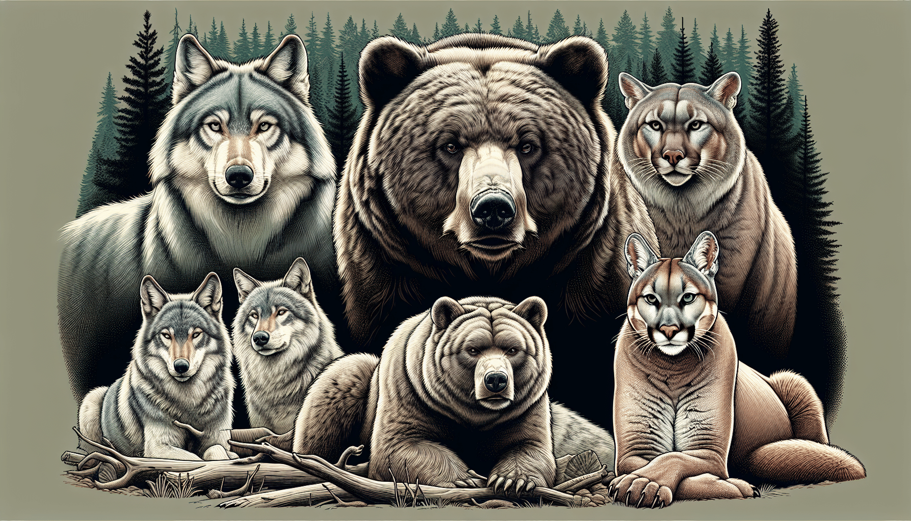 An illustration depicting a grouping of predators known to be potential threats to black bears. To the left, depict a pack of wolves, their fur varying shades of grey, their eyes focused and determined. In the center, display a robust grizzly bear with a powerful build and distinct hump on its back. To the right, show a large and imposing cougar, its tawny fur radiating a subtle menace. Make sure the scene unfolds in a dense forest under daylight, for clarity. Please ensure no text, logos, or brand names appear in the image.