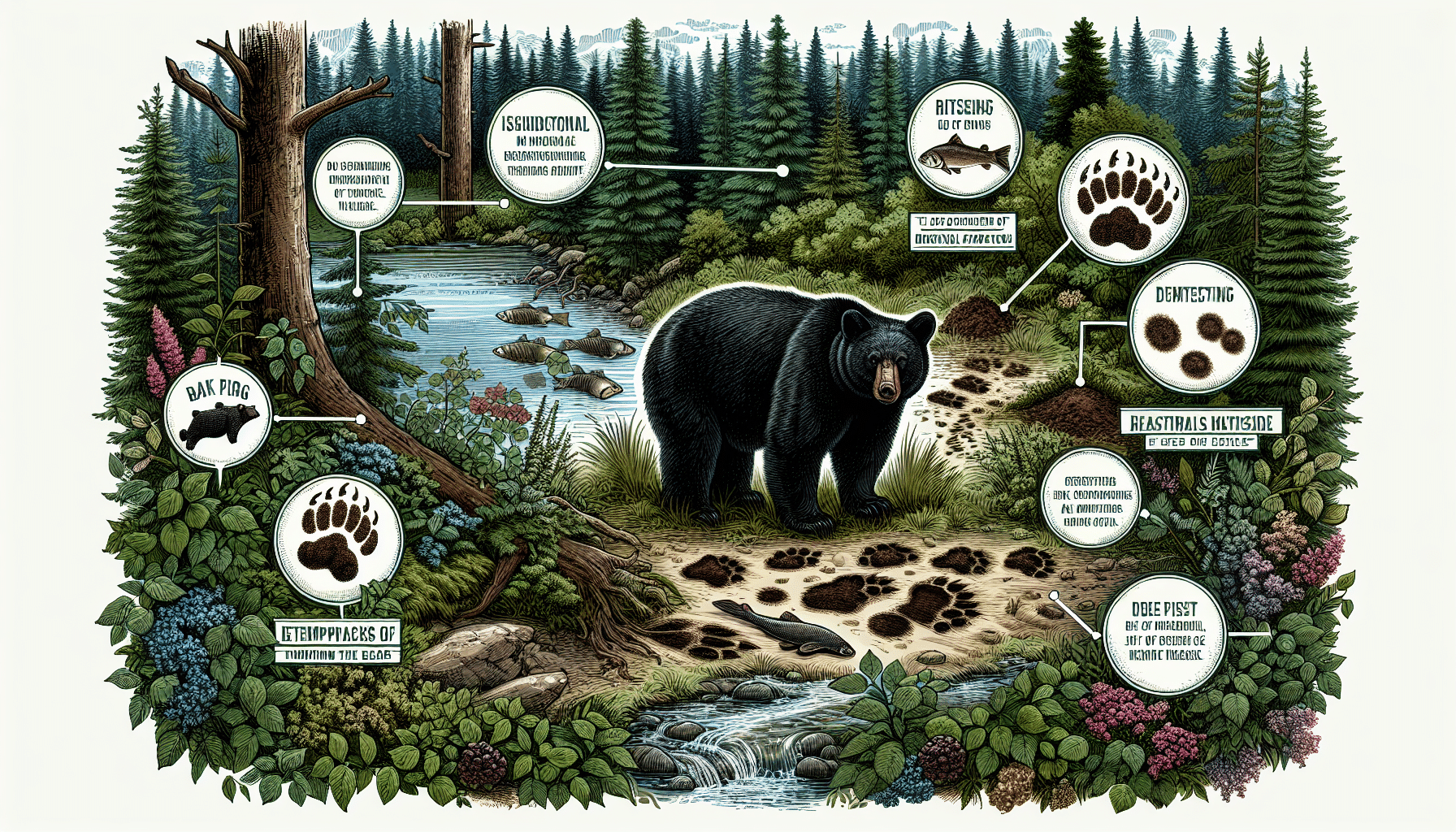 Illustrate an intriguing wildlife scene showcasing a Black Bear in its natural habitat, surrounded by signs of its typical diet. These signs could include paw prints, recent diggings in the earth, or remnants of fish or berries. Incorporate this scene into a lush forest environment with trees, shrubs, and a flowing river nearby. The bear can be depicted as observant and alert but not directly hunting or preying for its sense of peaceful coexistence. Abstain from introducing any human attributes, elements or text, keeping the theme entirely about wildlife.