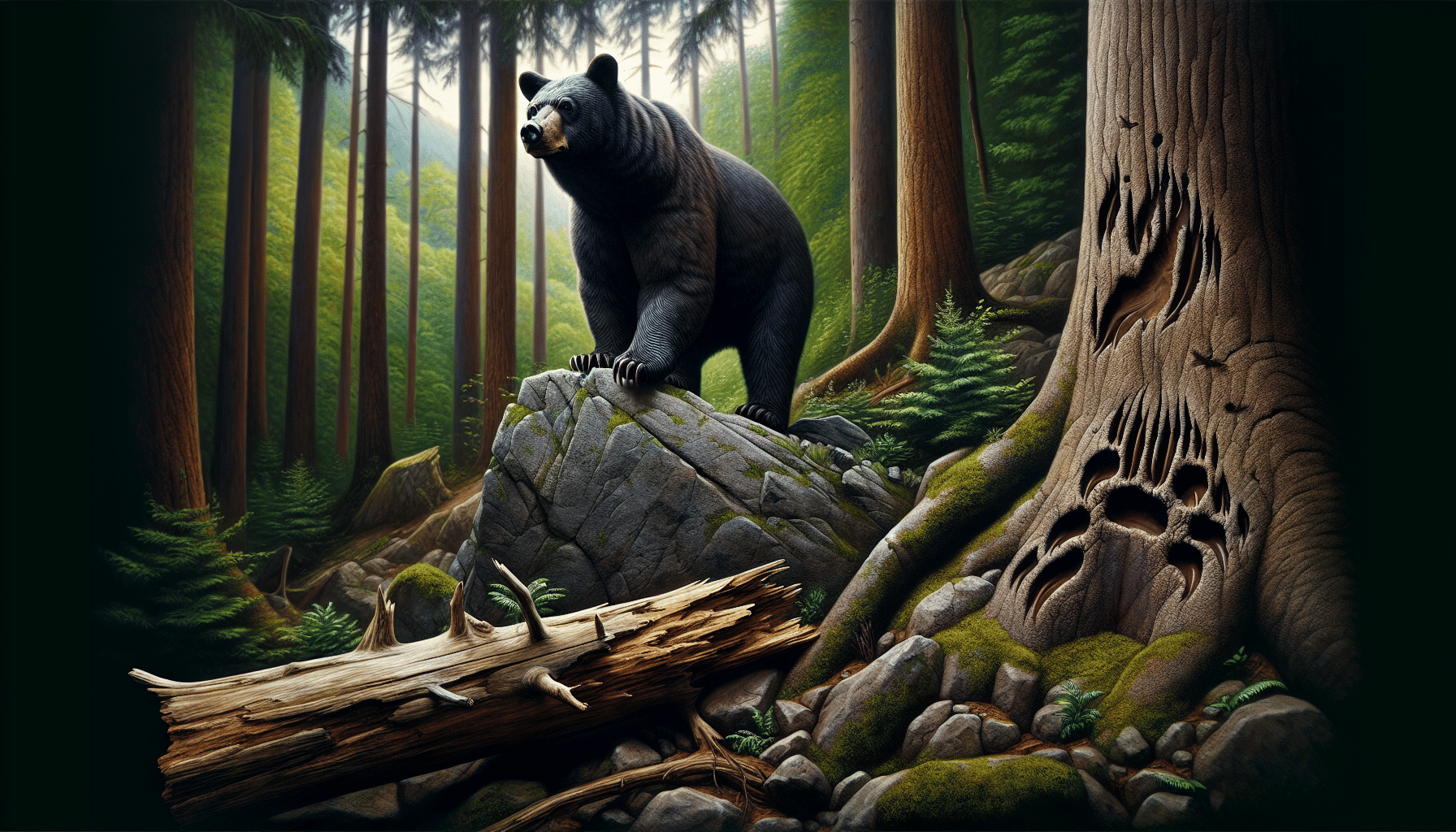An incredibly detailed scene of a black bear in its natural habitat showcasing its strength. An adult bear can be seen perched on a large rock, its muscular build and powerful limbs quite evident. Near by, the bear has left clear signs of its strength, a fallen tree with claw marks. The dense forest encircles this scene, underlining the bear's magnificent presence within its environment. This image carries an aesthetic of realism, with precise attention to color and detail, bringing out the potent combination of the bear’s power and elegance.