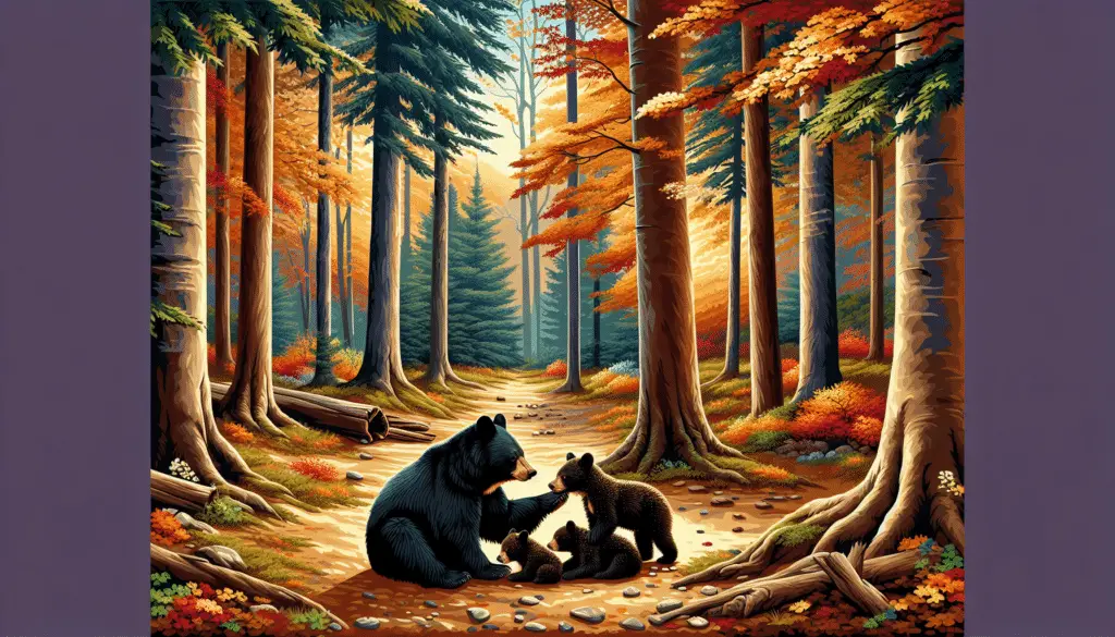 Illustrate an image of a serene forest in the fall season. The trees are adorned with different hues of warm autumn colors, and the ground is carpeted by fallen leaves. In a quiet, secluded area within the woods, depict a black bear gently caring for her newly born cubs. The mother black bear is showing gentle affection towards the tiny cubs, their fur a shiny black against the vibrant colors of the environment. The scene communicates the information without any human presence, text, or brand logo.