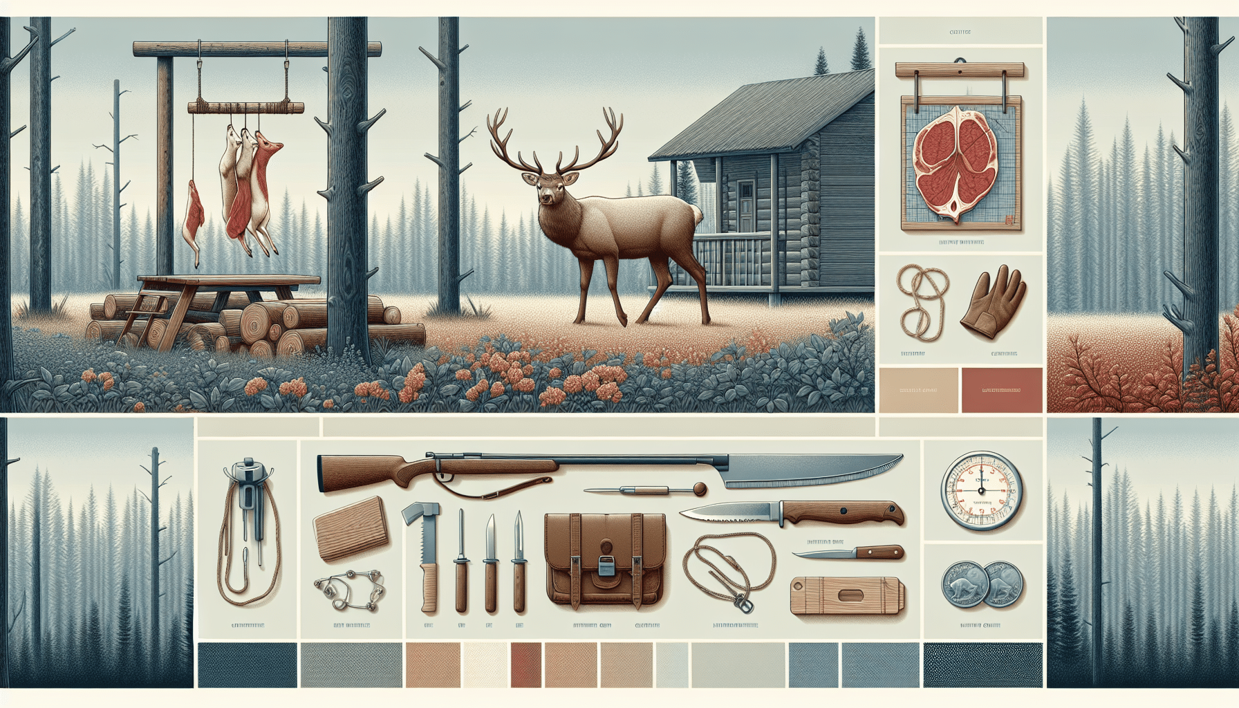 An image showcasing the elements involved in processing a deer. Display a visual scene with a deer in a tranquil forest setting, as though grazing. Nearby, represent the tools used for deer processing such as a knife, saw, and hanging apparatus, along with protective gear like gloves. Emphasize that all items are devoid of brand names or logos. The background setting can depict a wooden cabin to symbolize the location where the processing may take place. Lastly, show a weighing scale and few scattered coins to symbolize the concept of cost. Include neutral tones for a serene setting.