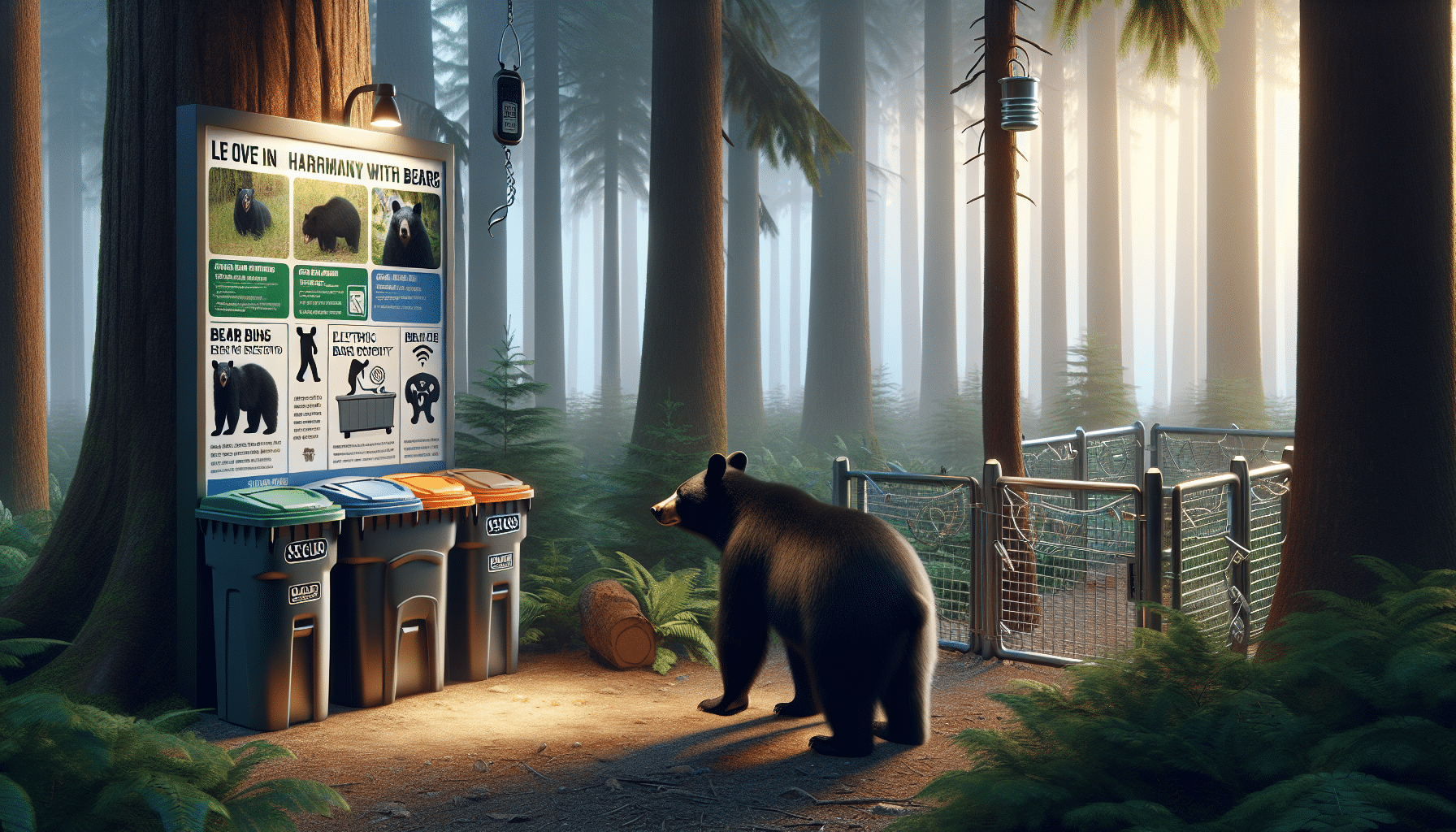 A serene forest setting with a curious black bear investigating a secure bear-proof trash bin. Surrounding the bin, several other bear deterrents are visible, including an electric bear fence and a bear bell hanging from a branch. There's also a large poster board featuring various bear deterrent techniques and how to live in harmony with bears. Without any people in the scene, the forest is dominated by tall evergreens, the ambient lighting is the soft glow of a setting sun, and there is no text, brand names or logos in the image.