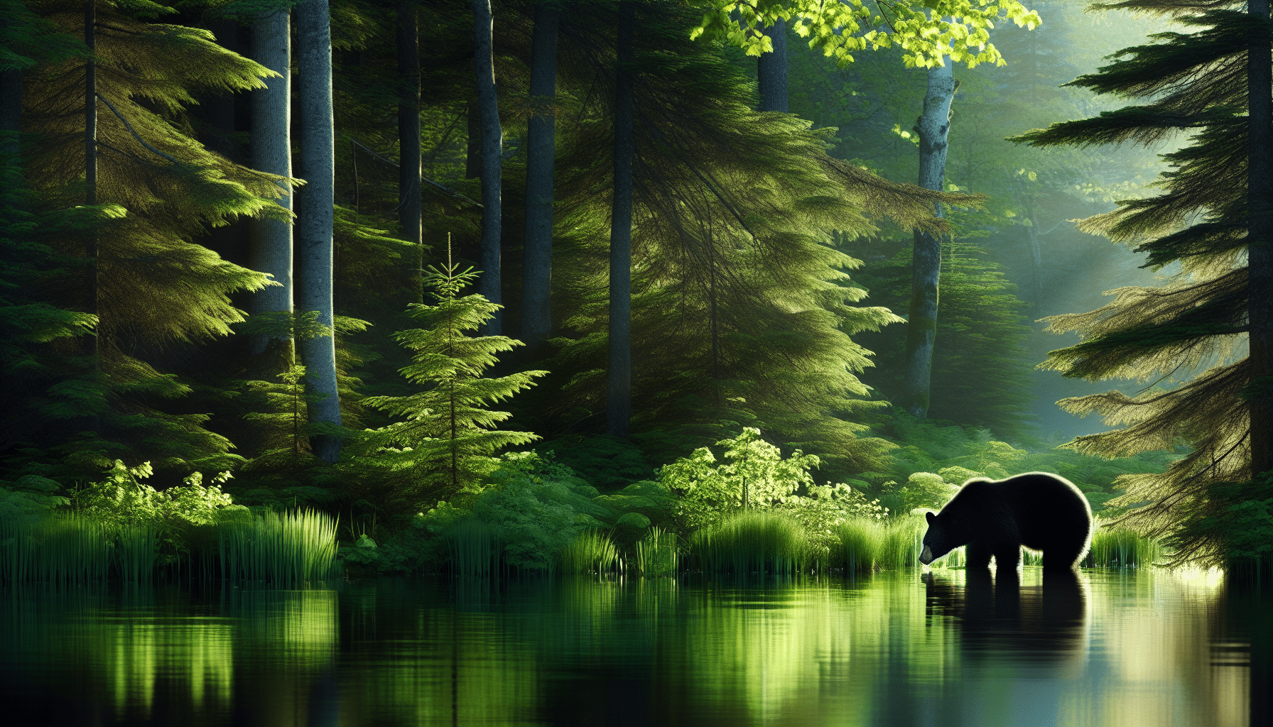 An image of dense, green forest foliage dappled with sunlight. The star of the scene is a solitary black bear, its coat gleaming smoothly in the sun. The bear stands near a body of water, drinking peacefully, its reflection seen in the placid lake. There are no human figures, text, or brand names present in this serene, natural scene.