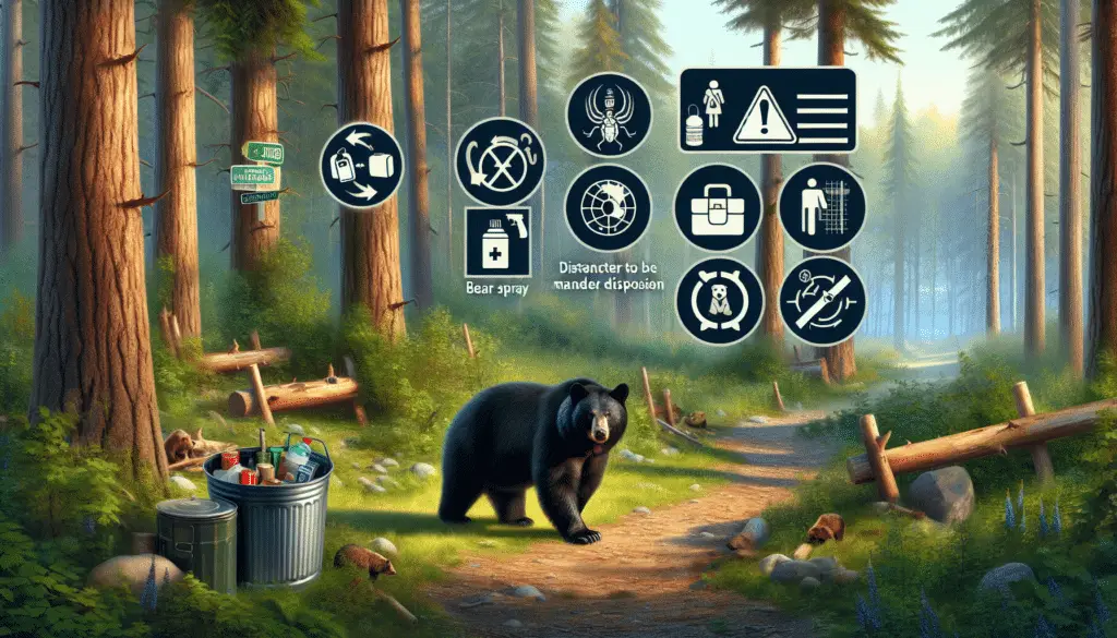 A picturesque woodland scene highlighting a black bear in its natural habitat. The bear calmly stands on a forest path, alert and studying its surroundings. Nearby, informatics symbols, such as safety sign or caution symbol, subtly hint at bear-proof strategies, like the proper garbage disposal and the distance to be maintained from the wild creature. Items like bear spray and a secure food storage container suggest ways to handle encounters, but without any labeling or text. Render the image in vivid and realistic style without including any human presence.