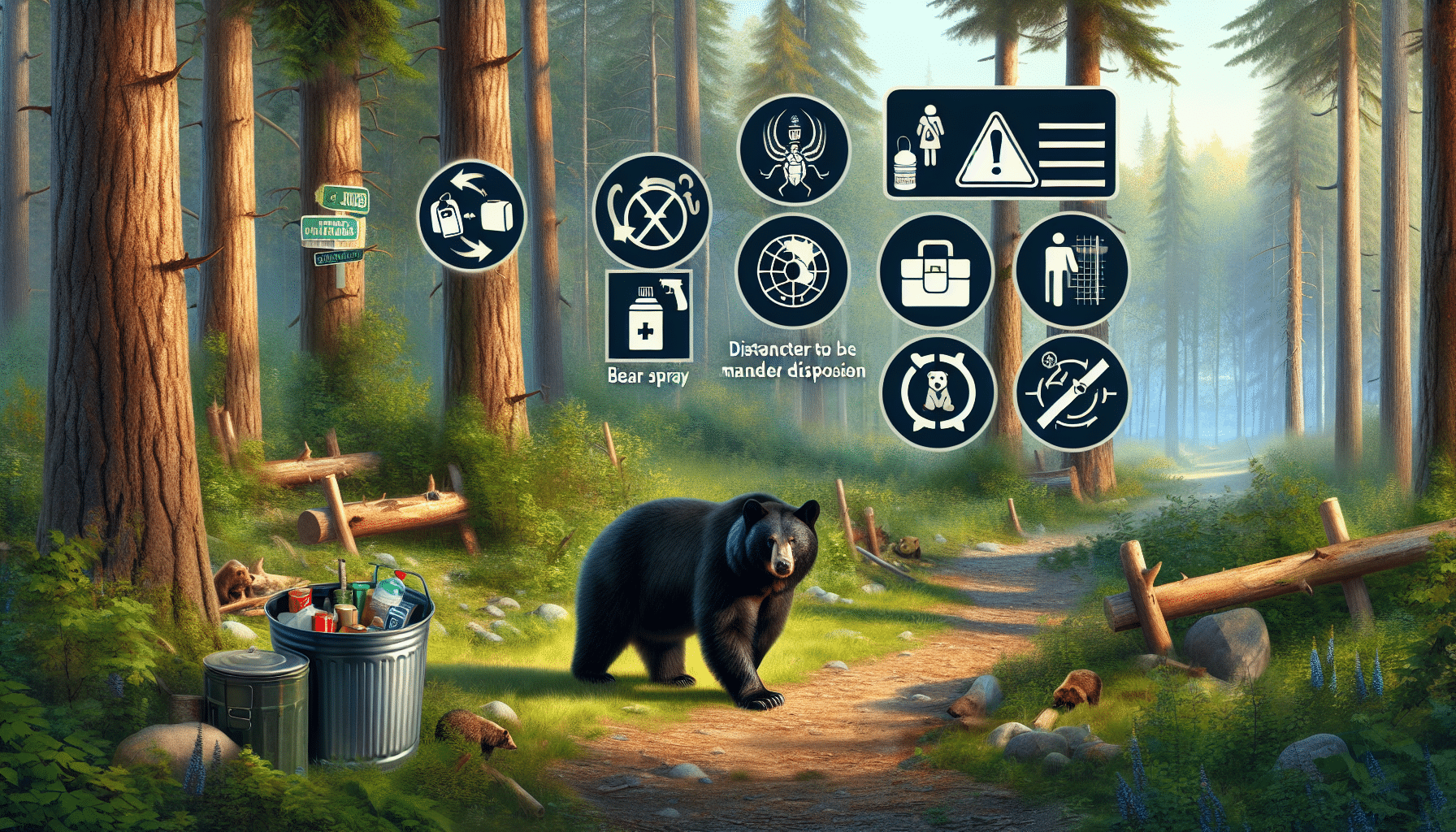 A picturesque woodland scene highlighting a black bear in its natural habitat. The bear calmly stands on a forest path, alert and studying its surroundings. Nearby, informatics symbols, such as safety sign or caution symbol, subtly hint at bear-proof strategies, like the proper garbage disposal and the distance to be maintained from the wild creature. Items like bear spray and a secure food storage container suggest ways to handle encounters, but without any labeling or text. Render the image in vivid and realistic style without including any human presence.