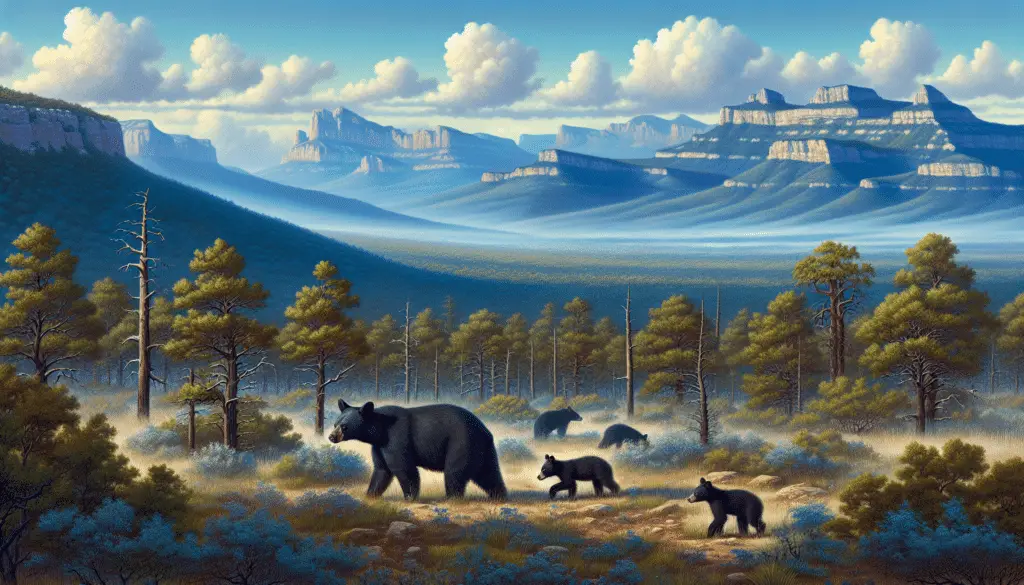 A natural landscape in Texas, complete with thick woodland, smoky blue mountains in the distance, a vibrant blue sky overhead with small, fluffy clouds. In the foreground, there's a black bear mother with her cubs, safely exploring the area and searching for food. The animals are presented in a non-threatening and peaceful manner, interacting naturally with their environment. Make sure to only represent the animals, nature and landscape without any text, brand names, logos or people.