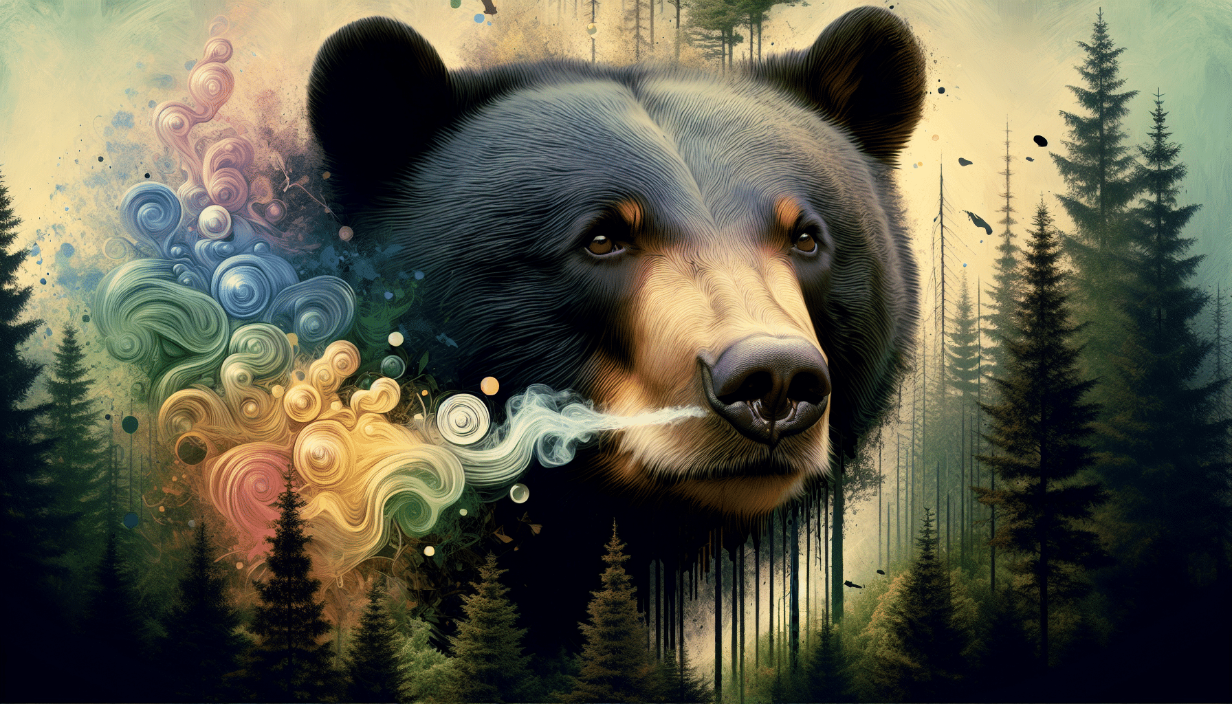 A close-up, richly detailed image of a black bear in its natural forest habitat. The bear is sniffing the air, its eyes half-closed as if savoring a scent. The forest around the bear is lush and thick, with tall pine trees and a carpet of fallen leaves. There should also be a representation of floating aroma around the bear not tied to any particular object, represented as faint, abstract, coloured wisps to symbolize various smells. The colours of the wisps are muted and harmonize with the forest tones. No people, brand names, or logos are present in the image.